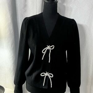 Stylish Black Cardigan with Silver Bow Accents